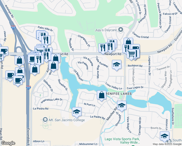 map of restaurants, bars, coffee shops, grocery stores, and more near 30227 Vía Amante in Menifee