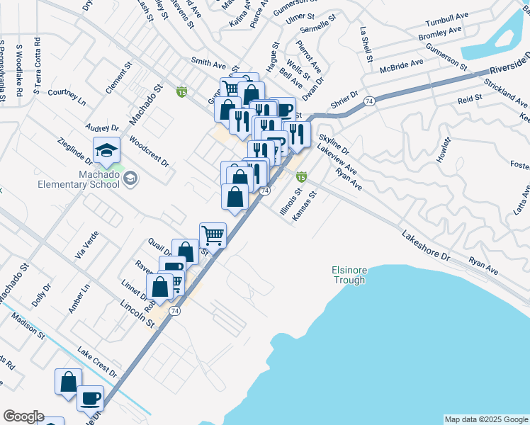 map of restaurants, bars, coffee shops, grocery stores, and more near Riverside Drive in Lake Elsinore