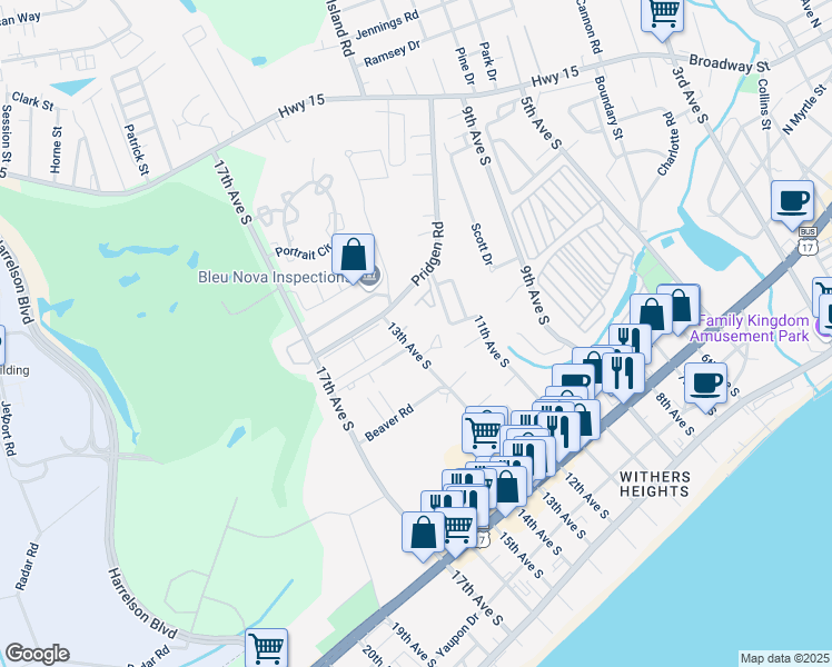 map of restaurants, bars, coffee shops, grocery stores, and more near 1202 Erin Way in Myrtle Beach