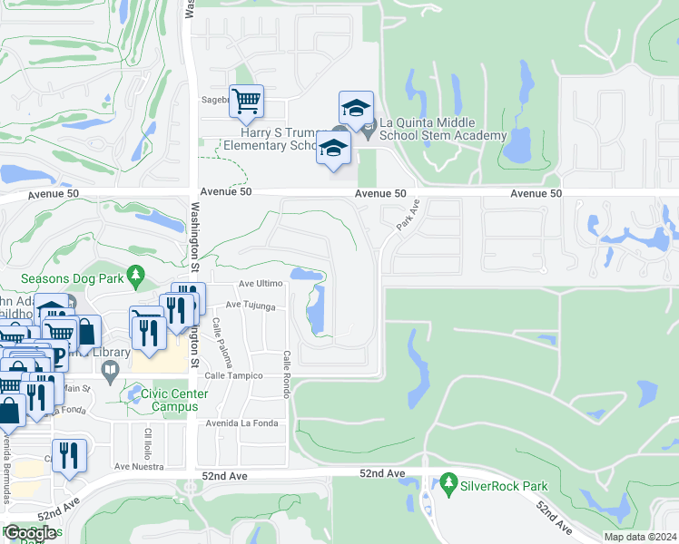 map of restaurants, bars, coffee shops, grocery stores, and more near 50400 Spyglass Hill Drive in La Quinta