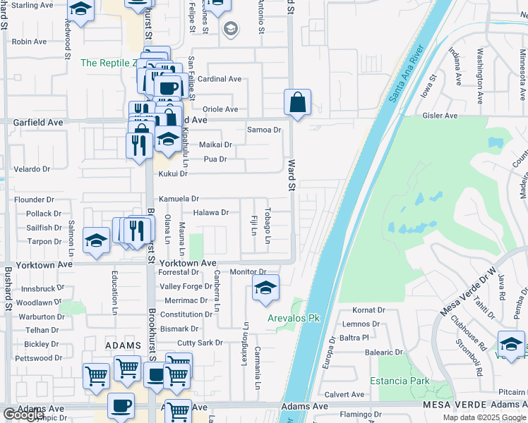 map of restaurants, bars, coffee shops, grocery stores, and more near 10421 Sunday Drive in Huntington Beach