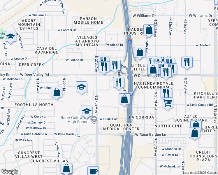 map of restaurants, bars, coffee shops, grocery stores, and more near West Deer Valley Road in Phoenix