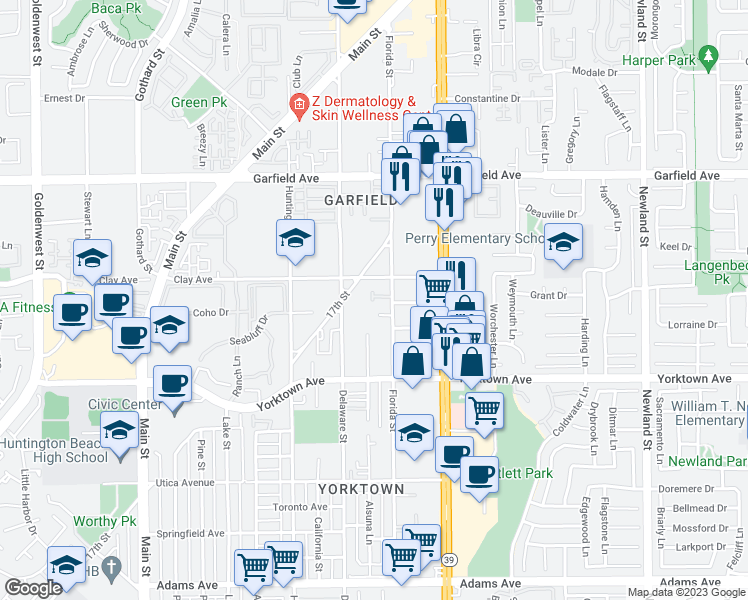 map of restaurants, bars, coffee shops, grocery stores, and more near 614 Terrace Circle in Huntington Beach