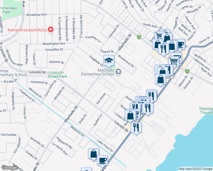 map of restaurants, bars, coffee shops, grocery stores, and more near 31750 Machado Street in Lake Elsinore