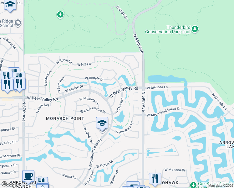 map of restaurants, bars, coffee shops, grocery stores, and more near 6129 West Louise Drive in Glendale