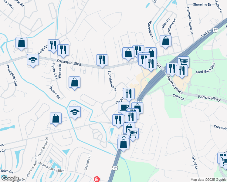 map of restaurants, bars, coffee shops, grocery stores, and more near 102 Sand Pebble Lane in Myrtle Beach