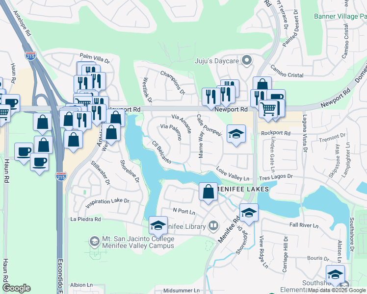 map of restaurants, bars, coffee shops, grocery stores, and more near 30232 Vía Palermo in Menifee