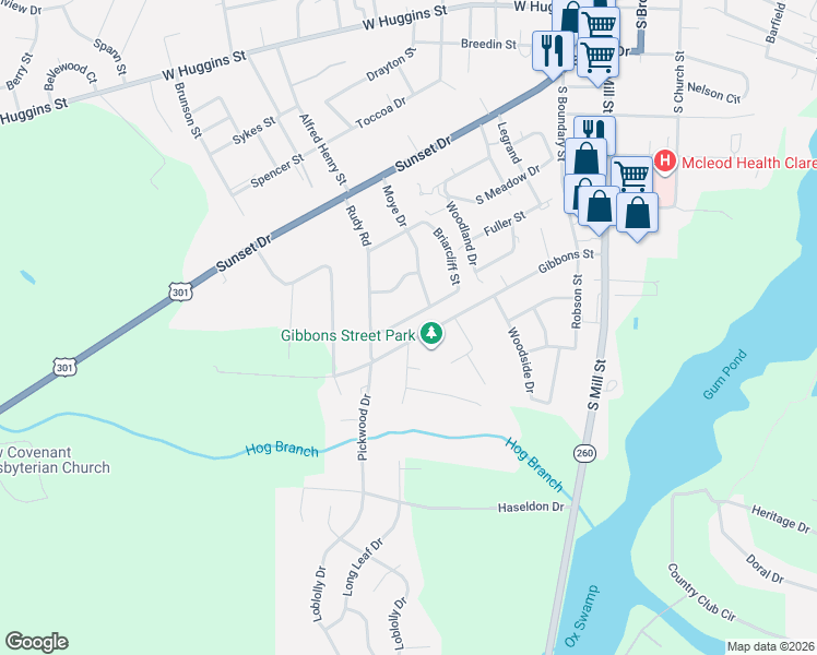 map of restaurants, bars, coffee shops, grocery stores, and more near 408 Briarcliff Street in Manning