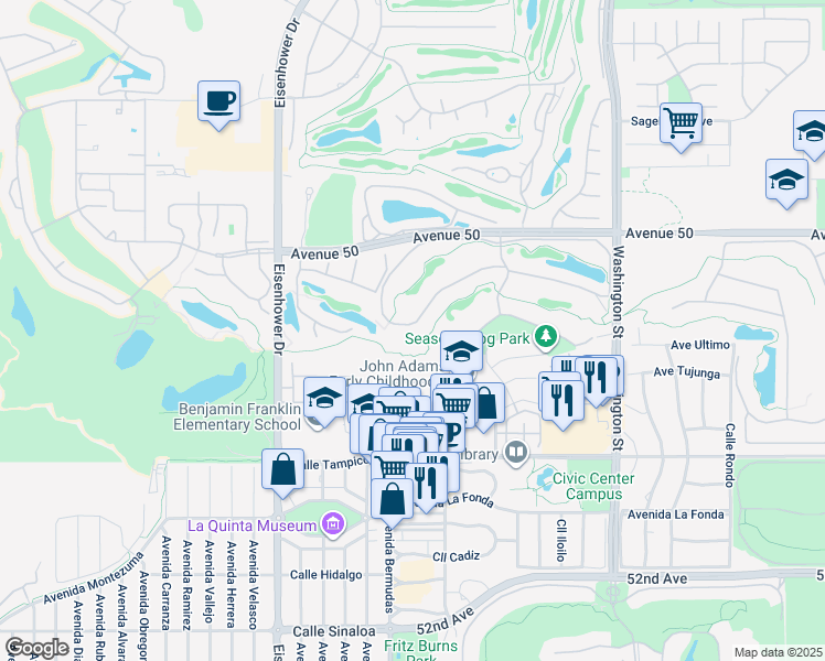 map of restaurants, bars, coffee shops, grocery stores, and more near 78155 Calle Norte in La Quinta