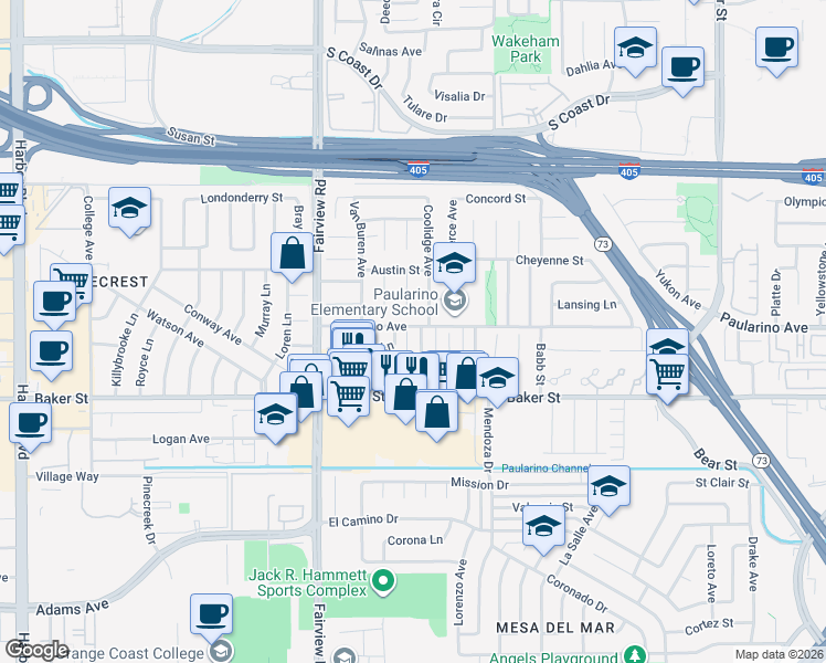 map of restaurants, bars, coffee shops, grocery stores, and more near 1130 Paularino Avenue in Costa Mesa