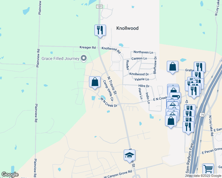 map of restaurants, bars, coffee shops, grocery stores, and more near 5003 North Travis Street in Sherman