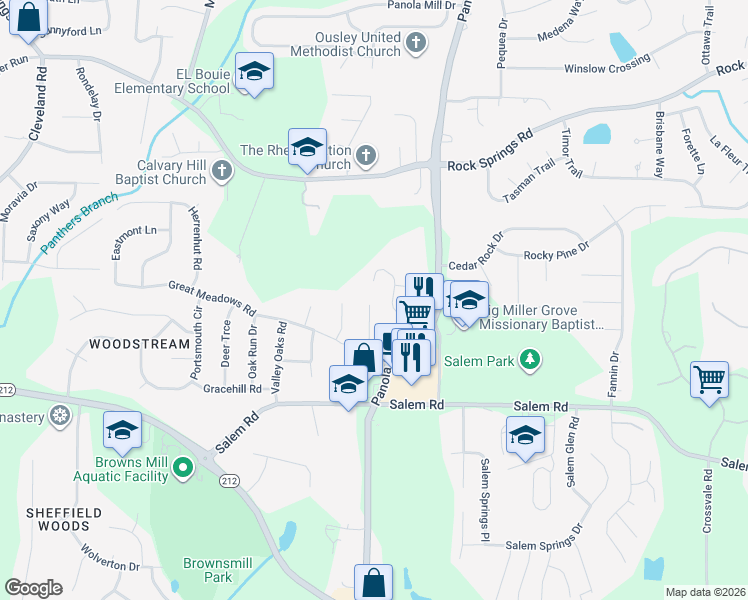 map of restaurants, bars, coffee shops, grocery stores, and more near 5213 Great Meadows Road in Stonecrest