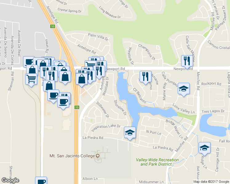 map of restaurants, bars, coffee shops, grocery stores, and more near 30196 Shoreline Drive in Menifee