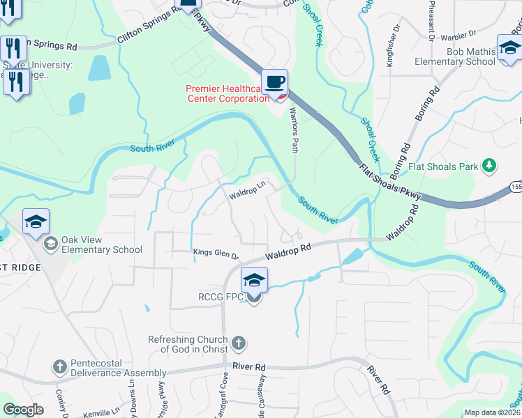 map of restaurants, bars, coffee shops, grocery stores, and more near 3814 Waldrop Lane in Decatur