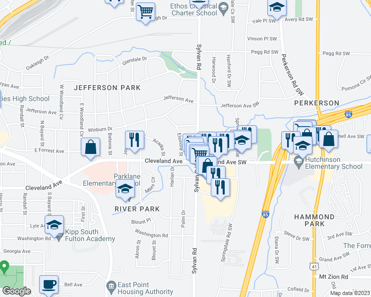 map of restaurants, bars, coffee shops, grocery stores, and more near 2664 Elsinore Street in East Point
