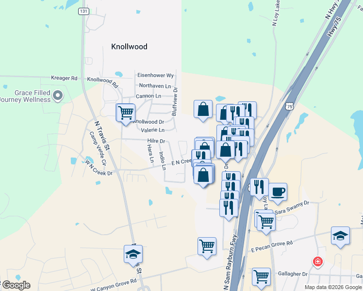 map of restaurants, bars, coffee shops, grocery stores, and more near 4909 Hilre Drive in Sherman