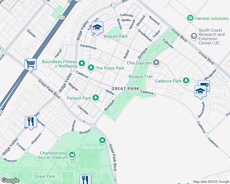 map of restaurants, bars, coffee shops, grocery stores, and more near 195 Stellar in Irvine