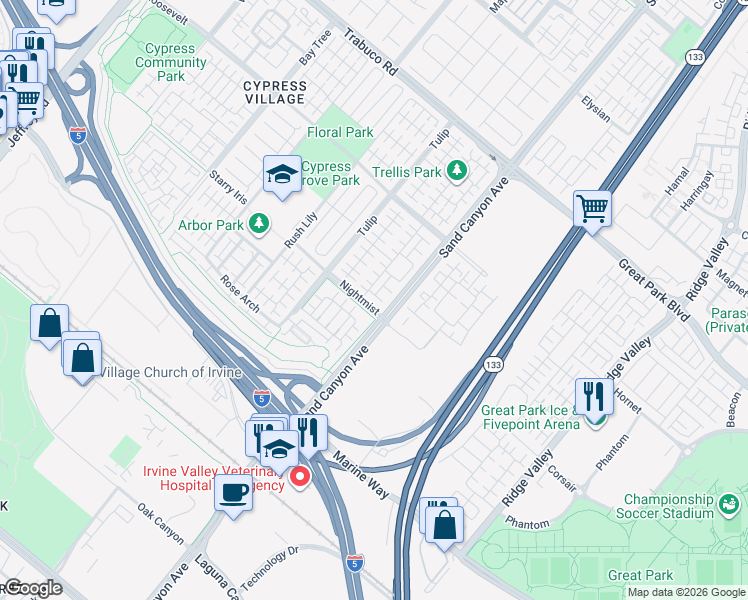 map of restaurants, bars, coffee shops, grocery stores, and more near 53 Granite Path in Irvine