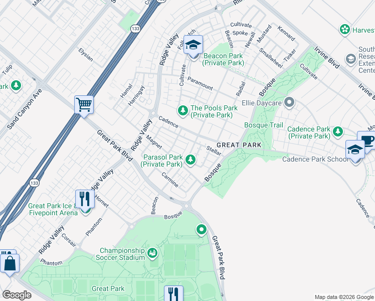 map of restaurants, bars, coffee shops, grocery stores, and more near 751 Beacon in Irvine