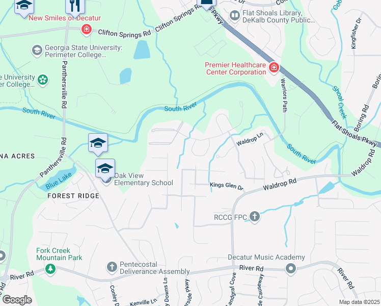 map of restaurants, bars, coffee shops, grocery stores, and more near 3493 Waldrop Trail in Decatur