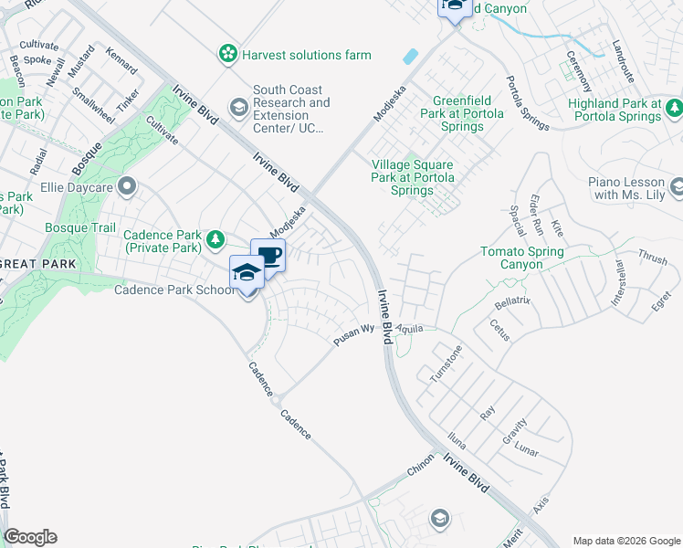 map of restaurants, bars, coffee shops, grocery stores, and more near 5209A 16th Street in Irvine