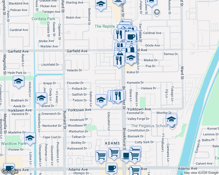 map of restaurants, bars, coffee shops, grocery stores, and more near 19361 Brookhurst Street in Huntington Beach