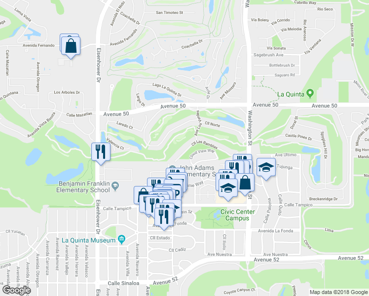 map of restaurants, bars, coffee shops, grocery stores, and more near 78206 Calle Las Ramblas in La Quinta