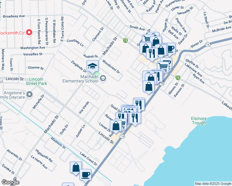 map of restaurants, bars, coffee shops, grocery stores, and more near 16420 Joy Street in Lake Elsinore