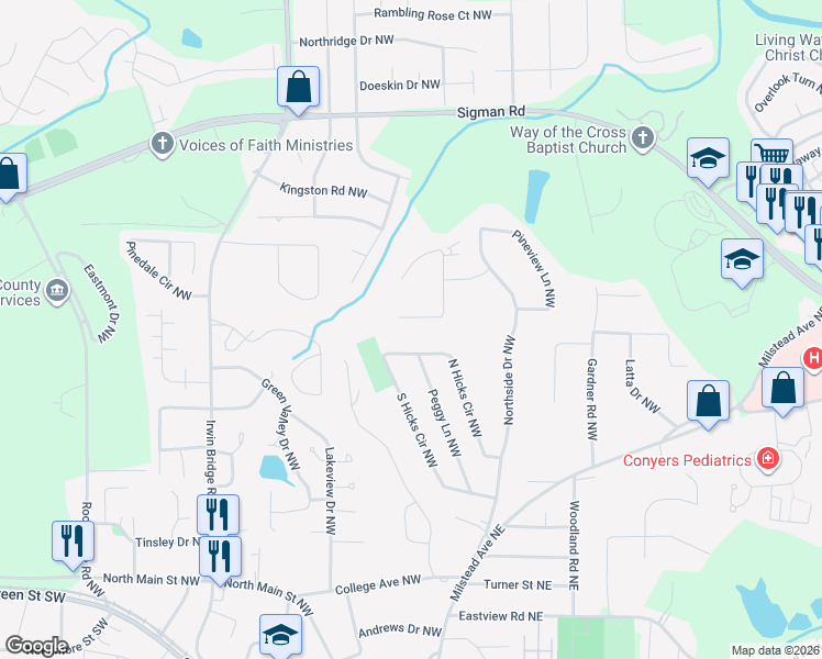 map of restaurants, bars, coffee shops, grocery stores, and more near 1456 Reagan Circle Northwest in Conyers