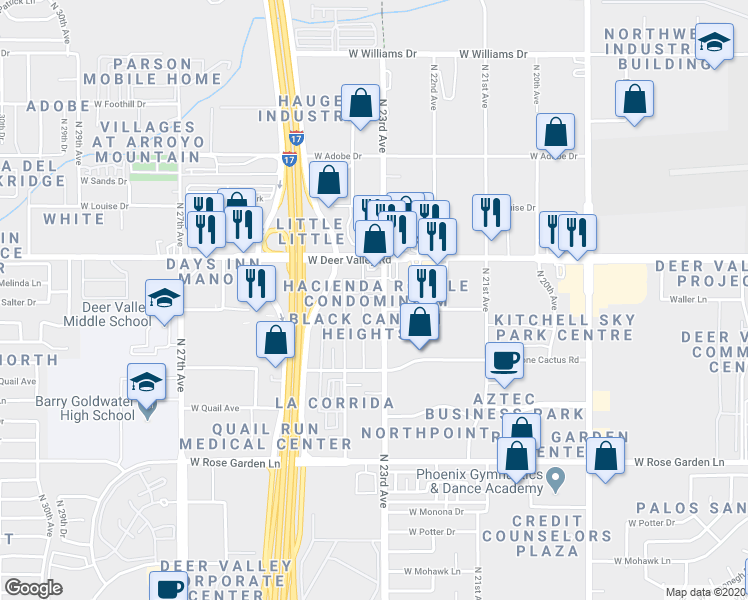 map of restaurants, bars, coffee shops, grocery stores, and more near 21611 North 23rd Avenue in Phoenix