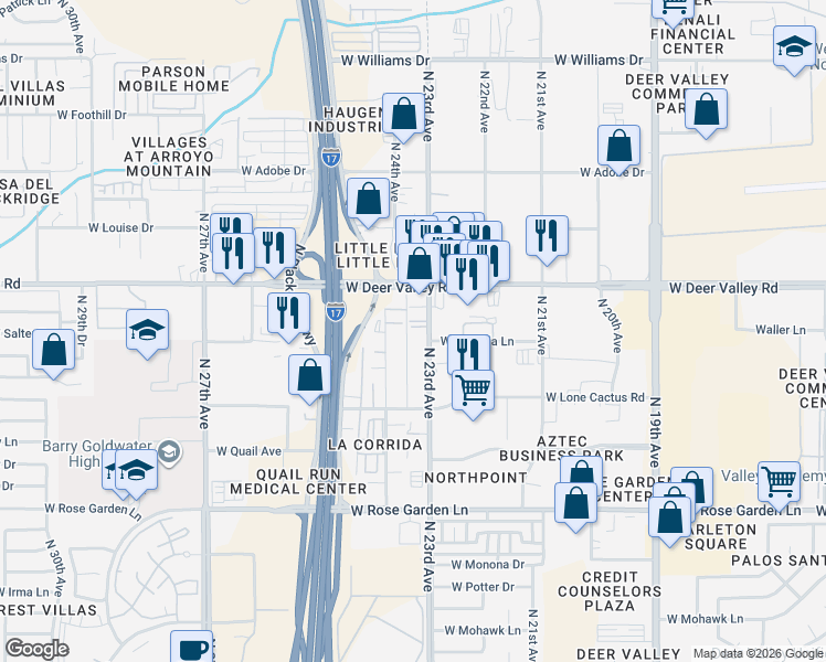 map of restaurants, bars, coffee shops, grocery stores, and more near 21623 North 24th Avenue in Phoenix