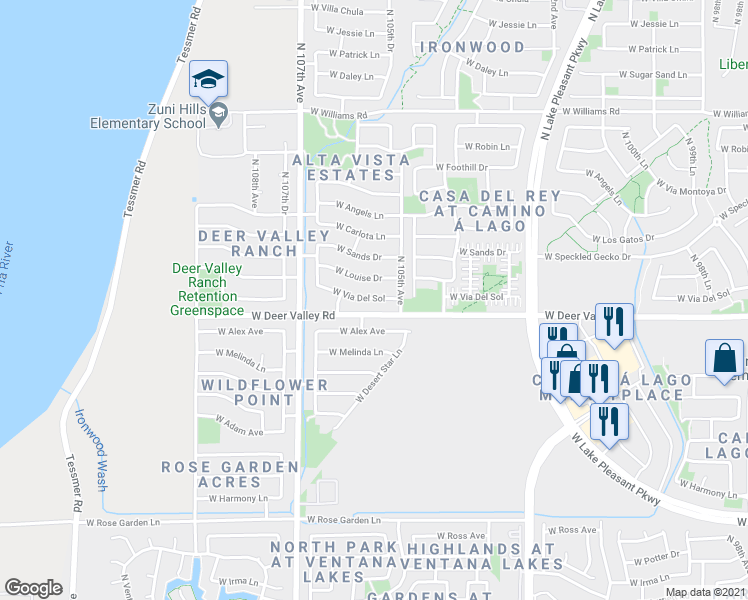 map of restaurants, bars, coffee shops, grocery stores, and more near 10542 West Via Del Sol in Peoria