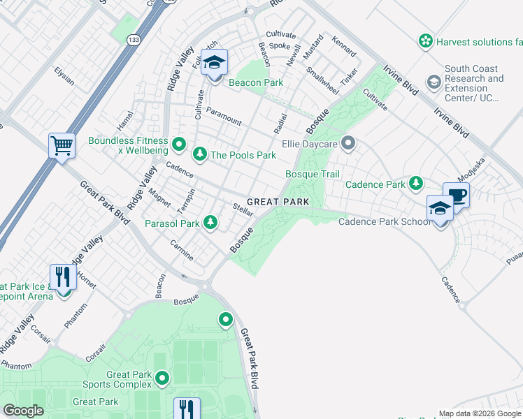 map of restaurants, bars, coffee shops, grocery stores, and more near 209 Stellar in Irvine