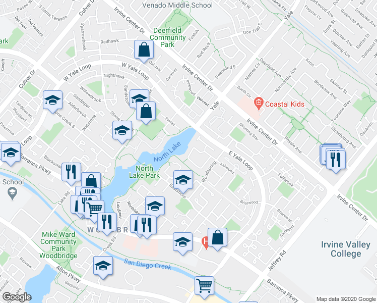 map of restaurants, bars, coffee shops, grocery stores, and more near 97 Lakeshore in Irvine