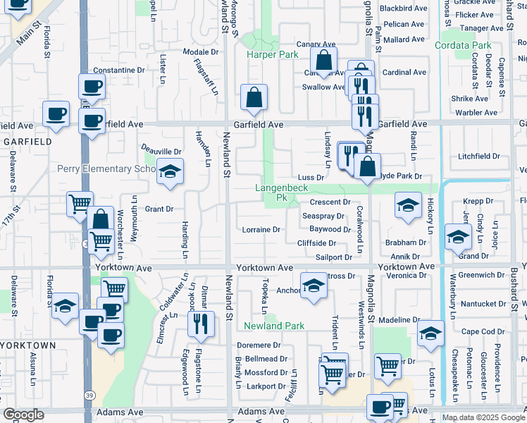 map of restaurants, bars, coffee shops, grocery stores, and more near 8632 Naples Drive in Huntington Beach