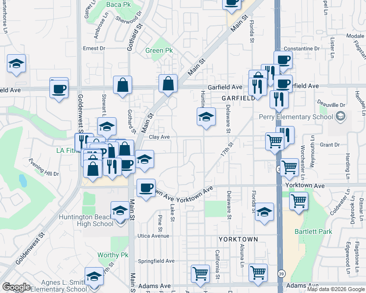 map of restaurants, bars, coffee shops, grocery stores, and more near 19311 Sunray Lane in Huntington Beach
