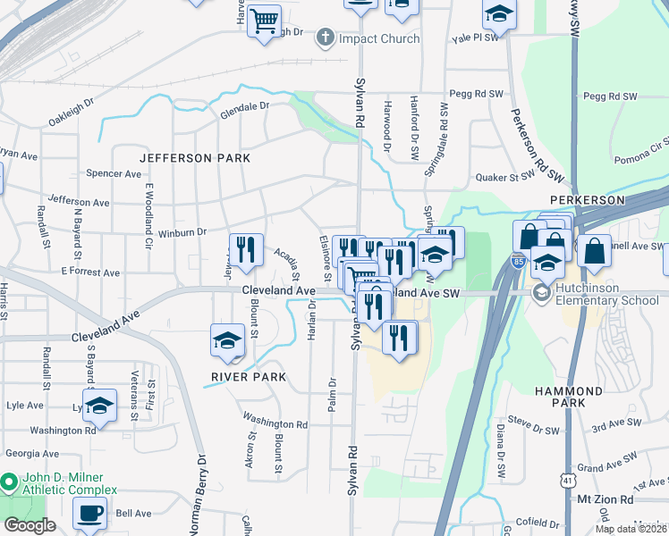 map of restaurants, bars, coffee shops, grocery stores, and more near 2660 Elsinore Street in Atlanta