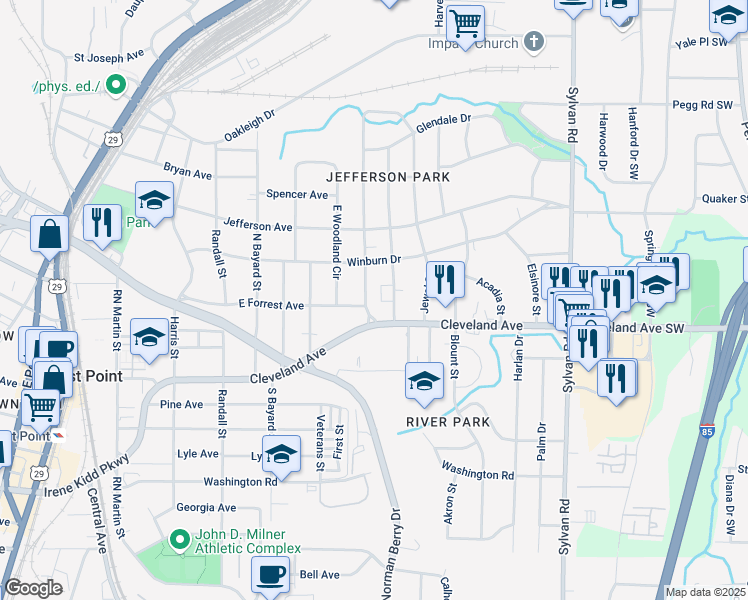 map of restaurants, bars, coffee shops, grocery stores, and more near 2665 Jefferson Terrace in East Point
