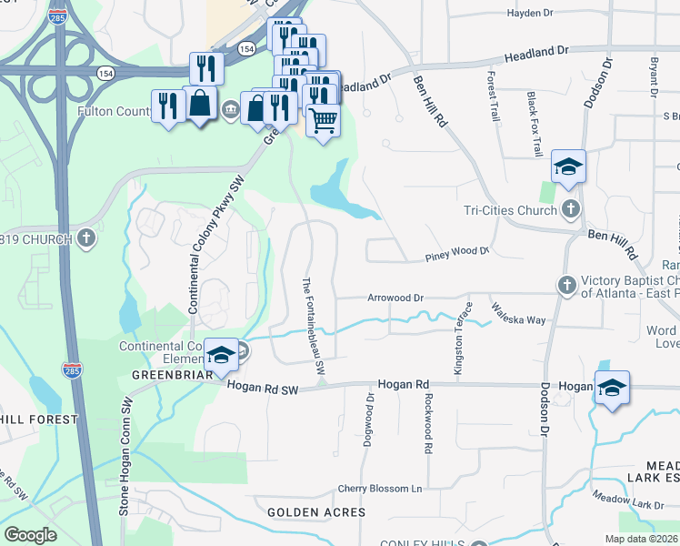 map of restaurants, bars, coffee shops, grocery stores, and more near 2699 Black Forest Trail Southwest in Atlanta