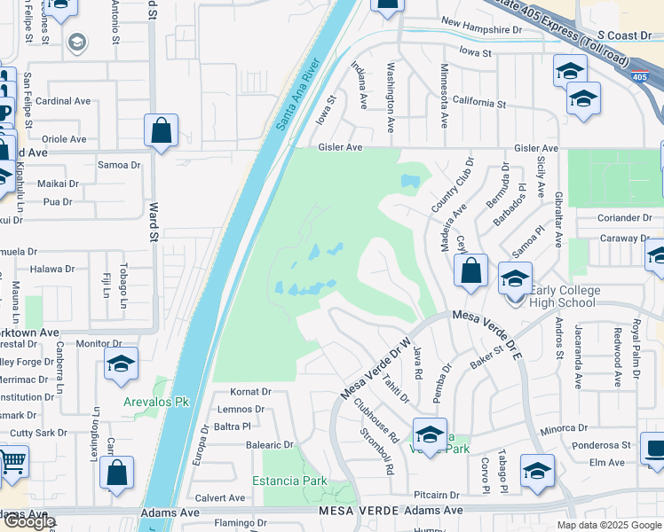 map of restaurants, bars, coffee shops, grocery stores, and more near 3000 Country Club Drive in Costa Mesa