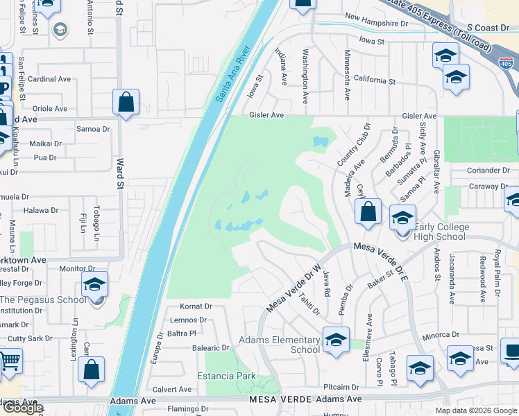 map of restaurants, bars, coffee shops, grocery stores, and more near 3000 Country Club Drive in Costa Mesa