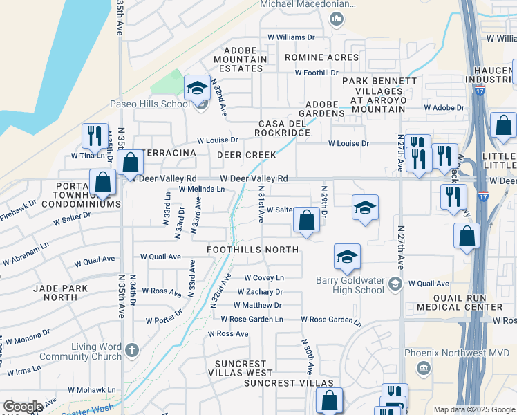 map of restaurants, bars, coffee shops, grocery stores, and more near 3101 West Salter Drive in Phoenix