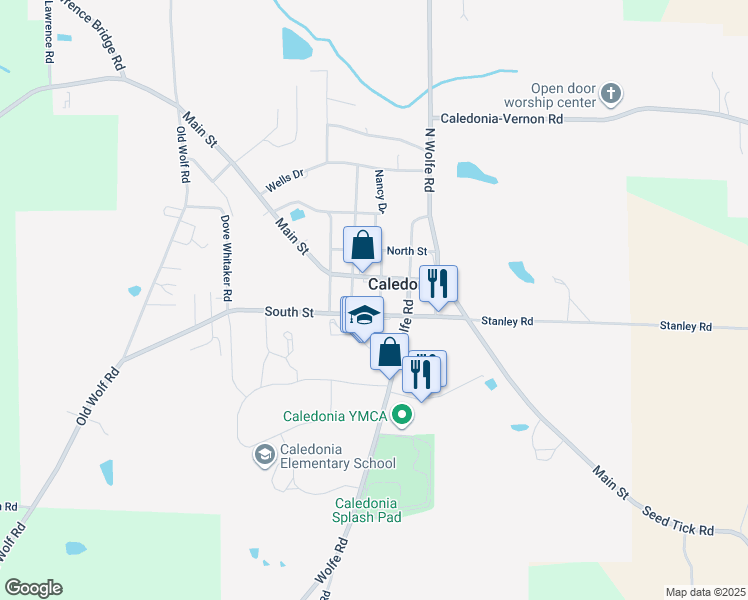 map of restaurants, bars, coffee shops, grocery stores, and more near 65 Cedar Street in Caledonia