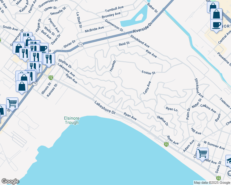 map of restaurants, bars, coffee shops, grocery stores, and more near Skyline Drive in Lake Elsinore