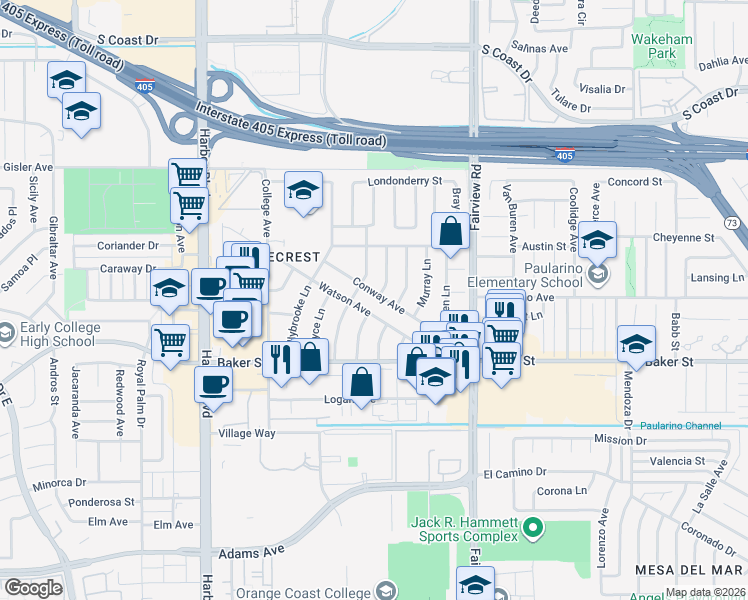 map of restaurants, bars, coffee shops, grocery stores, and more near 1287 Conway Avenue in Costa Mesa