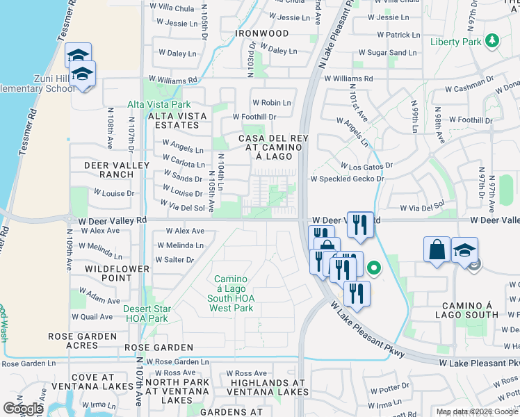 map of restaurants, bars, coffee shops, grocery stores, and more near 10371 West Via Del Sol in Peoria