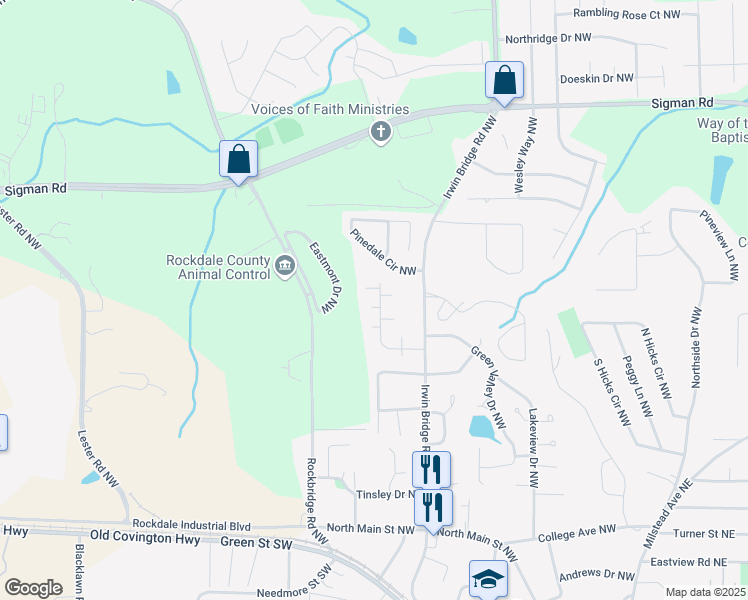 map of restaurants, bars, coffee shops, grocery stores, and more near 1211 Cedar Creek Court Northwest in Conyers