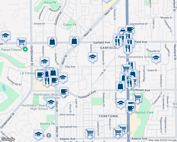 map of restaurants, bars, coffee shops, grocery stores, and more near 19351 Seahorse Lane in Huntington Beach