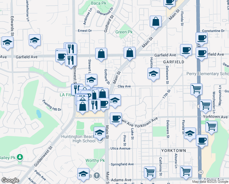 map of restaurants, bars, coffee shops, grocery stores, and more near 7282 Yellowtail Drive in Huntington Beach