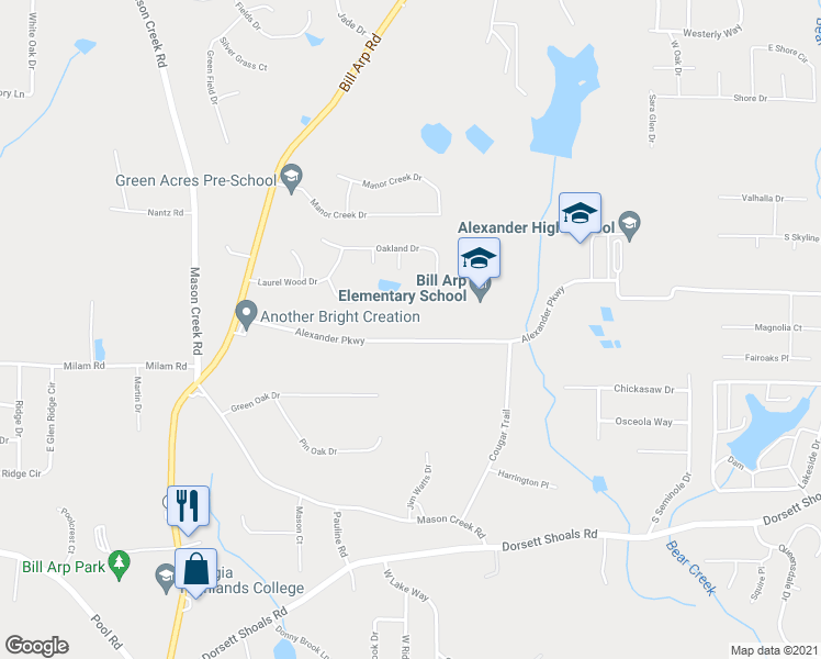 map of restaurants, bars, coffee shops, grocery stores, and more near 6784 Alexander Parkway in Douglasville